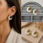 Gold Detaylı Beyaz Mermer Desenli Halka Kadın Küpe - Görsel 4