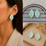 Mint Yeşili Yaprak Desenli Gümüş Renk Kadın Küpe - Görsel 4