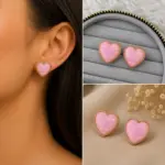 Pembe Kalp Figürlü Gold Çerçeveli Küpe - Görsel 4