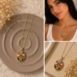 Gold Renk Oval Çiçek Figürlü Kolye - Görsel 4