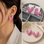 Pembe Kalp Formlu Gold Detaylı Küpe