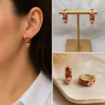 Kırmızı Çiçek Desenli Gold Halka Küpe - Görsel 4