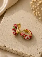 Kırmızı Çiçek Desenli Gold Halka Küpe - Görsel 3