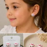 Pembe Fiyonklu Kedi Figürlü Mıknatıslı Çocuk Küpesi