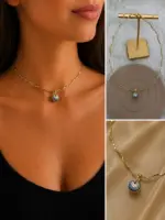 Mavi Nazar Boncuğu Figürlü Gold Choker Kolye - Görsel 4