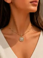 Zirkon Taşlı Göz Figürlü Gold Renk Zincir Kolye - Görsel 2