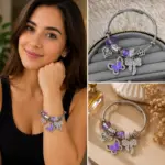 Mor Kelebek ve Fiyonk Charm Detaylı Çelik Kelepçe Bileklik
