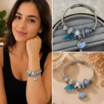 Mavi Kuğu ve Fayton Charm Detaylı Çelik Kelepçe Bileklik