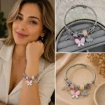 Pembe Kelebek ve Yonca Charm Detaylı Çelik Kelepçe Bileklik