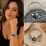 Siyah Kelebek ve Yonca Charm Detaylı Çelik Kelepçe Bileklik
