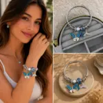 Mavi Kelebek ve Çiçek Charm Detaylı Çelik Kelepçe Bileklik