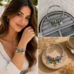 Turkuaz Kuş ve Yaprak Charm Detaylı Çelik Kelepçe Bileklik