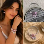 Pembe Fiyonk ve Kelebek Charm Detaylı Çelik Kelepçe Bileklik
