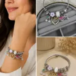 Lila Çiçek ve Anahtar Charm Detaylı Çelik Kelepçe Bileklik