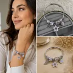 Lila Yıldız ve Melek Kanadı Charm Detaylı Çelik Kelepçe Bileklik
