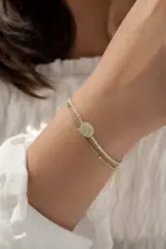 Gold Renk Su Yolu ve Yuvarlak Zirkon Taş Detaylı Katmanlı Bileklik