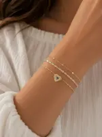 Gold Renk Kalp Figürlü Su Yolu Taş Detaylı Katmanlı Bileklik