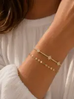 Gold Renk Su Yolu Yıldız Figürlü ve Pul Zincir Detaylı Katmanlı Bileklik