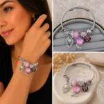 Pembe Çiçek ve Taç Charm Detaylı Gümüş Renk Kadın Charm Bileklik