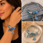Mavi Çiçek ve Eyfel Kulesi Charm Detaylı Gümüş Renk Kadın Charm Bileklik