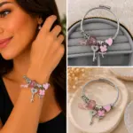 Pembe Kalp ve Anahtar Charm Detaylı Gümüş Renk Kadın Charm Bileklik