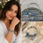 Mavi Çiçek ve Kristal Charm Detaylı Gümüş Renk Kadın Charm Bileklik