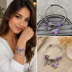 Mor Arı ve Kalp Charm Detaylı Gümüş Renk Kadın Charm Bileklik