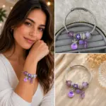 Mor Çiçek ve Kristal Charm Detaylı Gümüş Renk Kadın Charm Bileklik