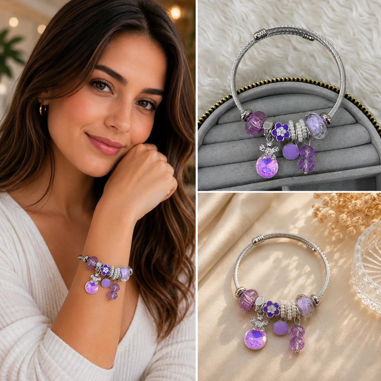 chatgpt-image-6-tem-2026-11-41-37.webp Mor Çiçek ve Kristal Charm Detaylı Gümüş Renk Kadın Charm Bileklik - Görsel 1
