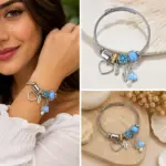 Mavi Kalp ve Kelebek Charm Detaylı Gümüş Renk Kadın Bileklik