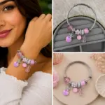Pembe Çiçek ve Kristal Taş Charm Detaylı Gümüş Renk Kadın Bileklik