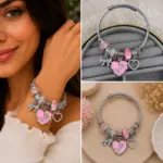 Pembe Kalp ve Fiyonk Charm Detaylı Gümüş Renk Kadın Bileklik