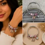 Pembe Fil ve Çiçek Charm Detaylı Gümüş Renk Kadın Bileklik