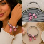 Pembe Ayıcık ve Kalp Charm Detaylı Gümüş Renk Kadın Bileklik