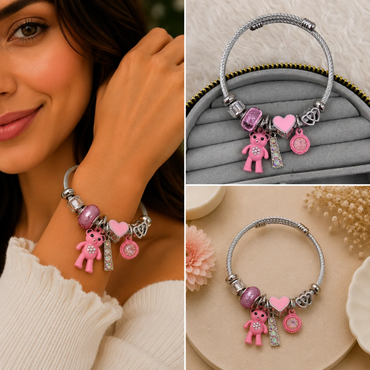 chatgpt-image-6-tem-2026-17-41-31.webp Pembe Ayıcık ve Kalp Charm Detaylı Gümüş Renk Kadın Bileklik - Görsel 1