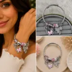 Pembe Kelebek ve Fiyonk Charm Detaylı Gümüş Renk Kadın Bileklik