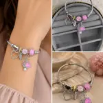 Pembe Taş ve Kalp Figürlü Charm Detaylı Kablo Model Kadın Bileklik