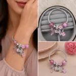 Pembe Çiçek ve Paris Charm Detaylı Kablo Model Kadın Bileklik