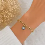 Gold Renk Mavi Taşlı Nazar Boncuğu Figürlü Zincir Bileklik