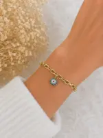Gold Renk Mavi Taşlı Nazar Boncuğu Figürlü Zincir Bileklik