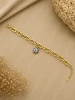 Gold Renk Mavi Taşlı Nazar Boncuğu Figürlü Zincir Bileklik - Görsel 3