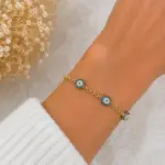 Gold Renk Üçlü Nazar Boncuğu Taşlı Bileklik
