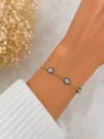 Gold Renk Üçlü Nazar Boncuğu Taşlı Bileklik