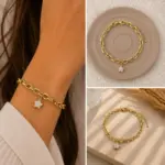 Gold Renk Taşlı Sallantılı Yıldız Figürlü Zincir Bileklik - Görsel 4