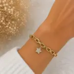 Gold Renk Taşlı Sallantılı Yıldız Figürlü Zincir Bileklik