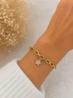 Gold Renk Taşlı Sallantılı Yıldız Figürlü Zincir Bileklik