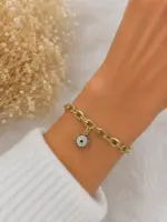 Gold Renk Mavi Taşlı Nazar Boncuğu Figürlü Zincir Bileklik - Görsel 2