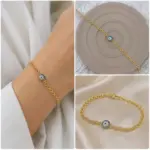 Taşlı Nazar Boncuklu Gold Renk Zincir Bileklik - Görsel 4