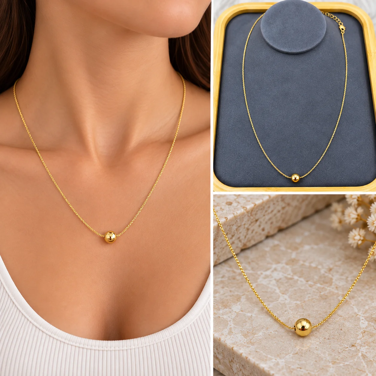 fb8385e9-8ea8-4ab1-95bc-438ea82f53ae.webp Gold Tek Top Detaylı İnce Kolye - Görsel 1