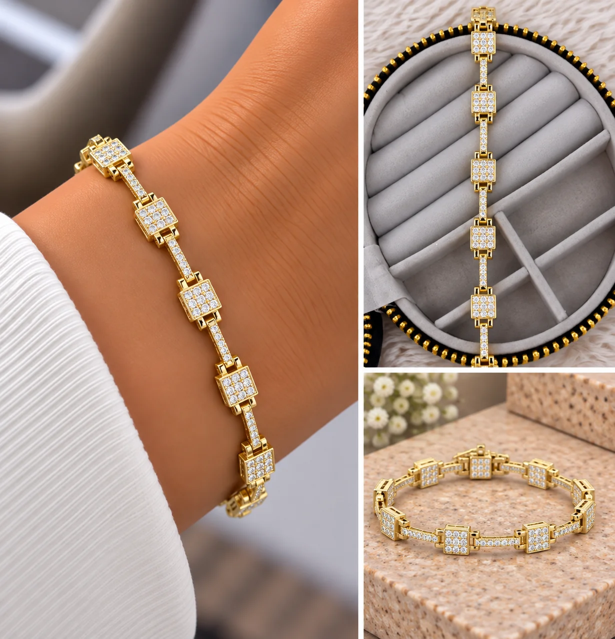 fd6d40fe-bd94-4a0a-8cd7-b948aac7590b.webp Gold Kare Taşlı Bileklik - Görsel 1